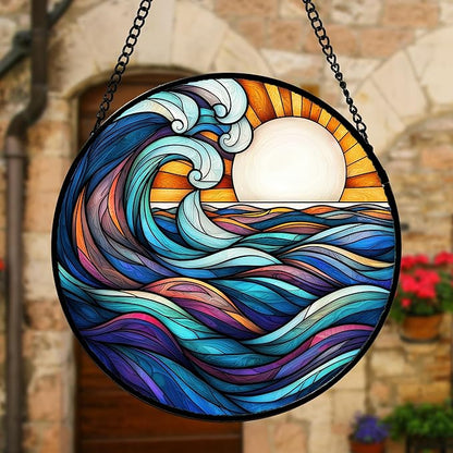 DASTOLL Stained Glass Window Hanging, Big Wave Sun Suncatcher Diamond Glass Panel Hangings Abstract Sun Catchers Decor for Birthday for Women, Men, Wife, Aunt, and Mom 11.8x11.8 in