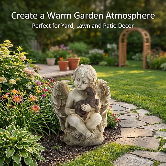 Topadorn Resin Angel Wings Statue with Small Dog, Praying Angel Figurine Tabletop Decor for Patio Yard Porch Lawn Outdoor Decor Home Shelf Sitter Memorial Spiritual Gifts