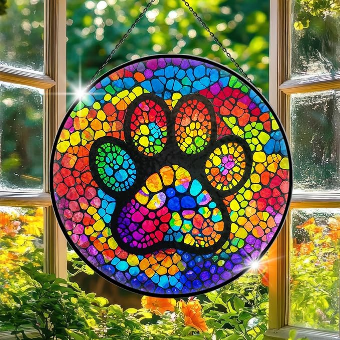 Paw Print Stained Glass Window Hanging, 7.9" Paw Print Sun Catcher Pet Memorial Suncatcher Ornament, Sun Catcher Glass Panel with Chain, Dog Memorial Gifts for Mom Grandma, Pet Lovers Gifts