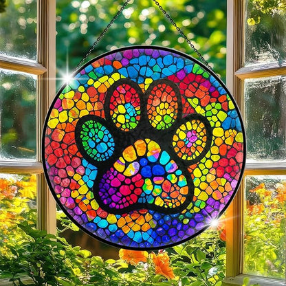 Paw Print Stained Glass Window Hanging, 7.9" Paw Print Sun Catcher Pet Memorial Suncatcher Ornament, Sun Catcher Glass Panel with Chain, Dog Memorial Gifts for Mom Grandma, Pet Lovers Gifts
