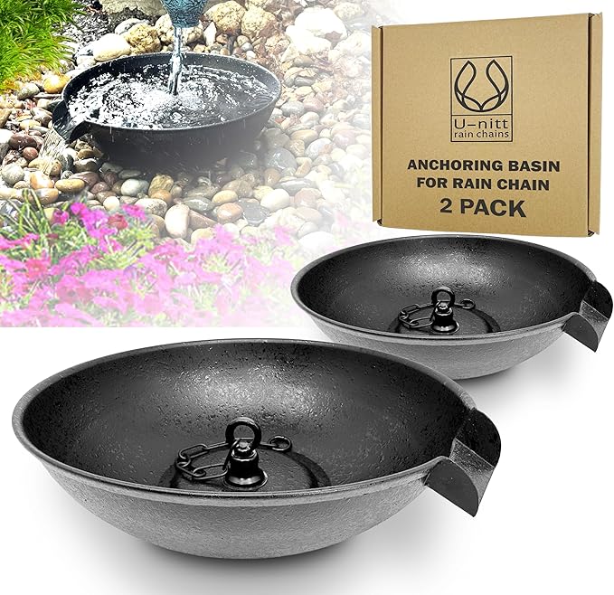 U-nitt 2PK 12" Spill Bowl Downspout Catch Basin for Rain Chain Anchoring Stake | Rainwater Collection for Roof |Gutter Catch Basin | Good for Water Fountain & Birdbath | Black | Handles Heavy Rain