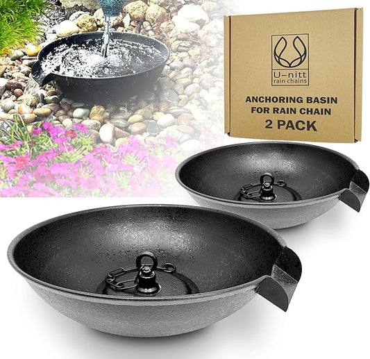 U-nitt 2PK 12" Spill Bowl Downspout Catch Basin for Rain Chain Anchoring Stake | Rainwater Collection for Roof |Gutter Catch Basin | Good for Water Fountain & Birdbath | Black | Handles Heavy Rain