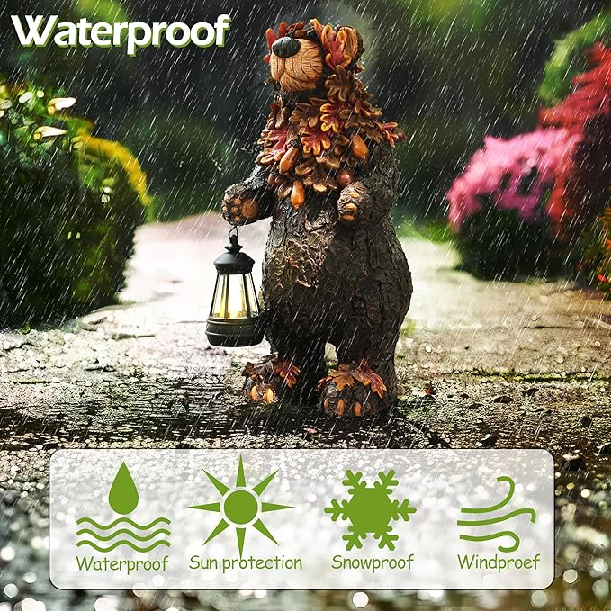 YMXYJM Solar Garden Statue Bear Figurine, Garden Art Outdoor Statues with Solar Lantern, Loving Bear for Patio, Balcony, Yard, Lawn, Unique Housewarming Gifts