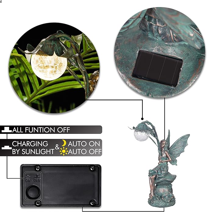 TERESA'S COLLECTIONS Garden Statues Fairy Sculptures & Statues, Outdoor Solar Light Garden Decor Resin Patina Bronze Figurines for Outdoor Decor, Valentines Decorations Gifts for Women Mom, 13.8''