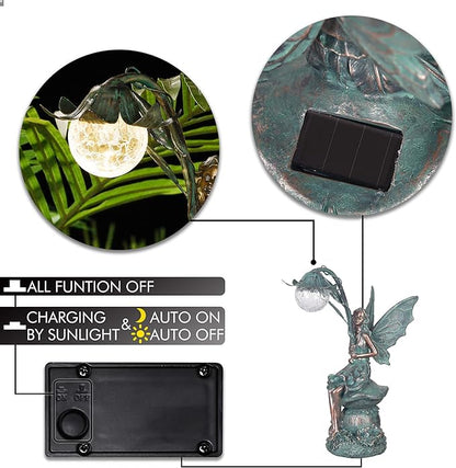 TERESA'S COLLECTIONS Garden Statues Fairy Sculptures & Statues, Outdoor Solar Light Garden Decor Resin Patina Bronze Figurines for Outdoor Decor, Valentines Decorations Gifts for Women Mom, 13.8''