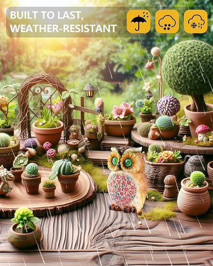 GoGnome Hand-Painted Resin Owl Figurine with Glow-in-The-Dark Eyes, Solar-Powered Garden Decor 5.5'' Lawn Ornaments Statue Gardening Gifts for Outside Yard Art Patio (Owl)