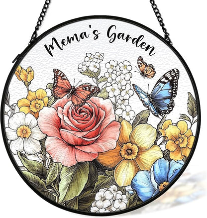 Mema Mothers Day Christmas Birthday Gifts Suncatcher Stained Glass Window from Grandkids for Mema Grandma, Grandma Gift Stained Glass Wall Decor, Mema's Garden Catchers Indoor Window,7.9x7.9In