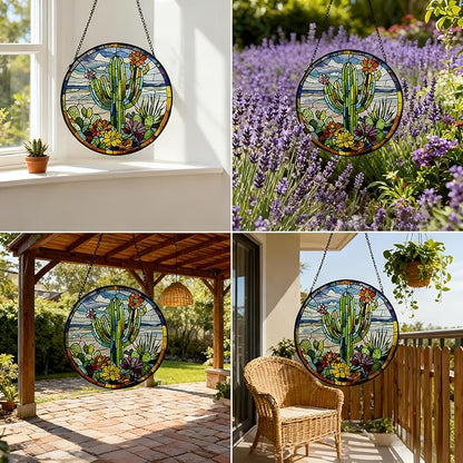 Stained Glass Window Hanging-Cactus Suncatcher Home Decor Ornament 7.9 in.Outdoor or Indoor, Garden,Living Room,Gifts for Women, Lovers, Couple, Friends