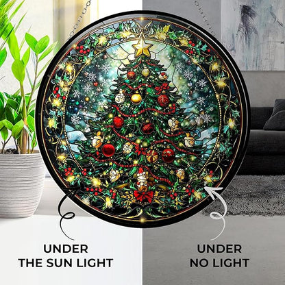 Christmas Tree Stained Glass Window Hanging Window Suncatcher 12" Glass Panel with Metal Chain Sun Catchers Wall Art Home Decor Gift for Women Mother's Day