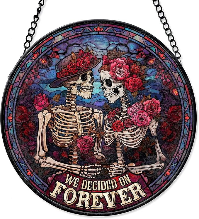 FIVITY Stained Glass Window Hanging 7.8'' Skeleton Couple Suncatcher We Decided On Forever Stained Glass Ornament Suncatchers with Hanging Chain for Wife Husband Wedding for Hi