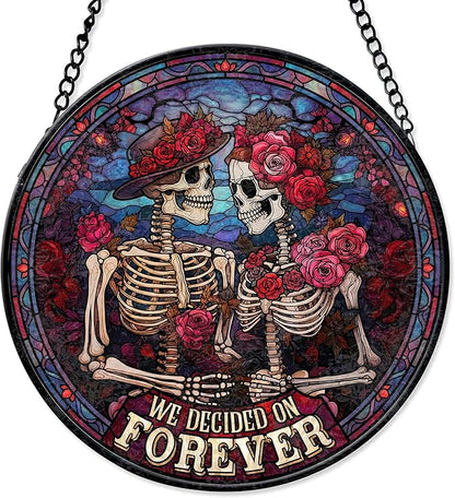 FIVITY Stained Glass Window Hanging 7.8'' Skeleton Couple Suncatcher We Decided On Forever Stained Glass Ornament Suncatchers with Hanging Chain for Wife Husband Wedding for Hi