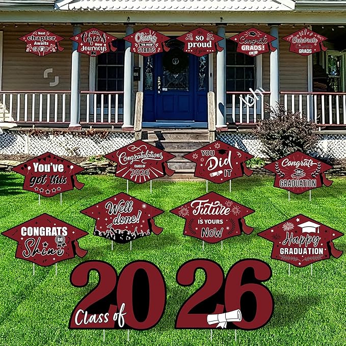 16 Pieces 2026 Graduation Yard Signs Plastic Congrats Grad Decor with 32 Stake and Ribbon Graduate Cap Hanging Yard Sign for Party Outdoor Lawn Pathway Walkway Decorations(Maroon)
