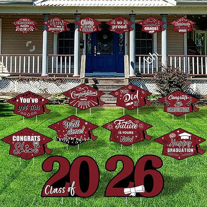 16 Pieces 2026 Graduation Yard Signs Plastic Congrats Grad Decor with 32 Stake and Ribbon Graduate Cap Hanging Yard Sign for Party Outdoor Lawn Pathway Walkway Decorations(Maroon)