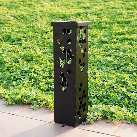 Black Metal Garden Column, Modern Garden Statues, Outdoor Modern Sculpture, Rustic Patio Columns, Vintage Gardens Pillar with Lid, Walkway Decor, Front Door Housewarming Gifts