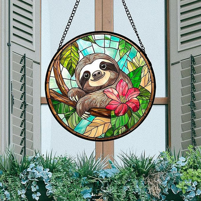 Stained Glass Window Hanging, Cute Sloth Sun Catcher for Door Home Decor Animal Suncatcher Christmas Mother's Day Birthday Gifts for Women Men Mom and Nana 15 in