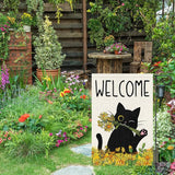 Summer Garden Flag Welcome Black Cat Sunflower Double Sided Burlap 12x18 inches For Porch Lawn Yard Outdoor and Home Decor