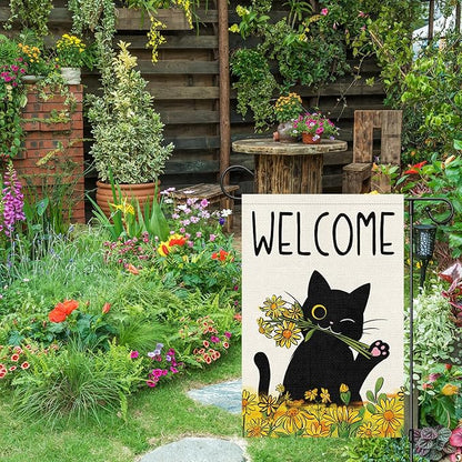 Summer Garden Flag Welcome Black Cat Sunflower Double Sided Burlap 12x18 inches For Porch Lawn Yard Outdoor and Home Decor