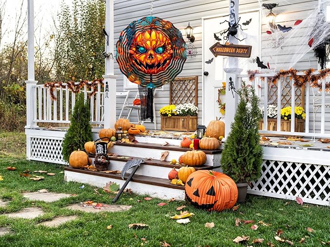 Halloween Scary Pumpkin Wind Spinner,12in Stainless Steel Hanging Wind Spinners Outdoor Yard Patio Garden Decorations