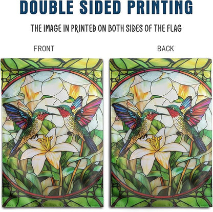 Stained Glass Hummingbird House Flag 28x40 Double Sided Large Decorative Flags For Outside Spring Floral Garden Flag Summer Flower Yard Flags for Lawn Porch Patio Decor