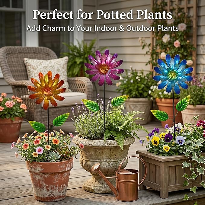 Metal Flower Garden Stake for Outside, 3 Pcs 16" H Outdoor Garden Stakes Decor, Yard Outdoor Ornaments for Patio, Lawn, Patio(Yellow & Purple & Blue)