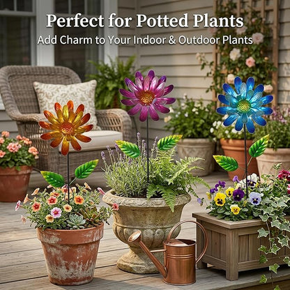 Metal Flower Garden Stake for Outside, 3 Pcs 16" H Outdoor Garden Stakes Decor, Yard Outdoor Ornaments for Patio, Lawn, Patio(Yellow & Purple & Blue)