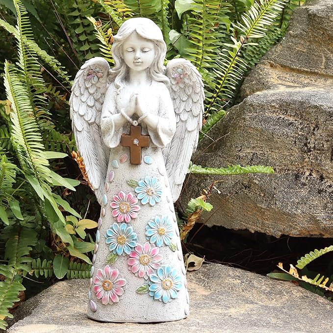 Voveexy Angel Garden Statue Outdoor Figurine, Solar Powered Garden Sculpture with 6 LEDs Resin Praying Angel Decor for Patio Lawn Yard Porch Decoration Christmas Birthday Housewarming Present 13.2” H