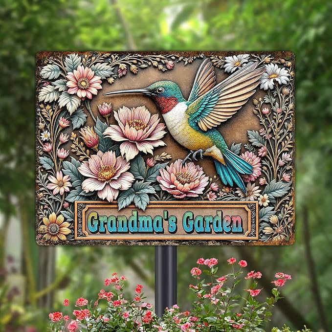 Custom Garden Signs Personalized Metal Tin Sign for Women, Retro Hummingbird Metal Sign for Outdoor, Patio, Yard Home Decor Gift for Mothers Day, Grandmas, and Gardening Lovers