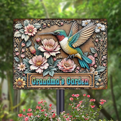Custom Garden Signs Personalized Metal Tin Sign for Women, Retro Hummingbird Metal Sign for Outdoor, Patio, Yard Home Decor Gift for Mothers Day, Grandmas, and Gardening Lovers