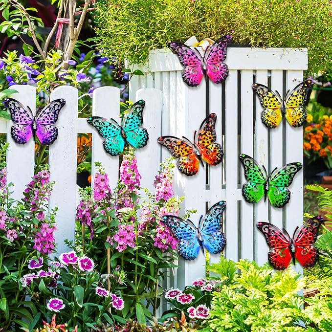 Jetec 8 Pcs Metal Butterfly Wall Decor 6.5 Inch Outdoor Butterflies Wall Art Sculpture 3D Butterfly Hanging Decoration for Spring Outside Fence Garden Yard Home Patio Balcony(Bright Style)