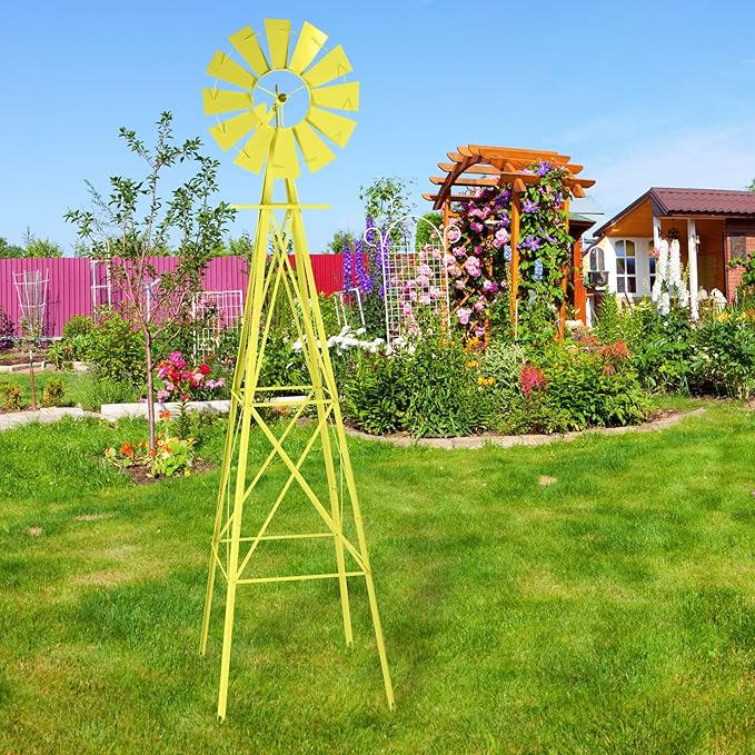 VINGLI 8FT Ornamental Windmill Backyard Garden Decoration Weather Vane, Heavy Duty Metal Wind Mill w/ 4 Legs Design,Yellow