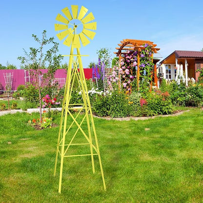 Metal Windmill for Garden Yard Decor, 8ft Tall Windmill Pinwheels Outdoor with Spinning Blades, Weather Vanes Lawn Ornaments, Weather-Resistant, Yellow