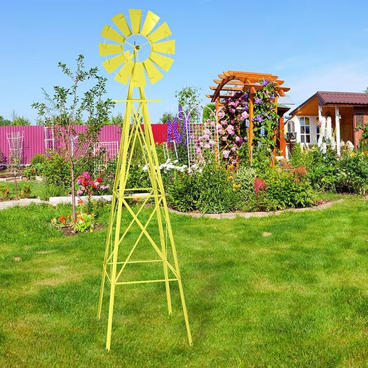 Metal Windmill for Garden Yard Decor, 8ft Tall Windmill Pinwheels Outdoor with Spinning Blades, Weather Vanes Lawn Ornaments, Weather-Resistant, Yellow