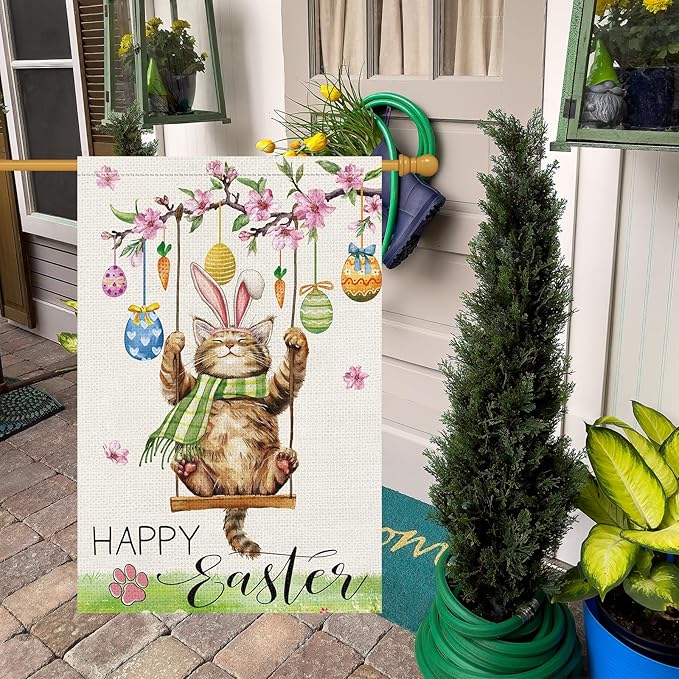 Heyfibro Happy Easter Cute Cat Garden Flag 28x40 Double Sided Burlap, Spring Summer Magnolia Flower Easter Egg Small Yard Banner for Seasonal Holiday Farmhouse Yard Outdoor Decor(ONLY FLAG)