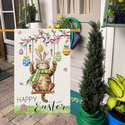 Heyfibro Happy Easter Cute Cat Garden Flag 28x40 Double Sided Burlap, Spring Summer Magnolia Flower Easter Egg Small Yard Banner for Seasonal Holiday Farmhouse Yard Outdoor Decor(ONLY FLAG)