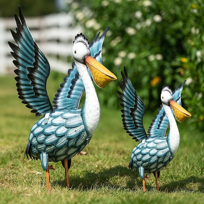 TERESA'S COLLECTIONS Pelican Outdoor Statues for Patio Decor,11.5" Metal Coastal Ocean Spread Bird Garden Statues & Sculptur for Yard Decorations Outdoor,Garden Decor for Outside Porch,Gifts for Mom