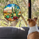 Stained Glass Window Hanging Desert Green Cactus Red Flowers 9.8" - Suncatcher Door Garden Sun Catcher Landscape Home Decor Birthday Christmas for Mom Men Woman Nana