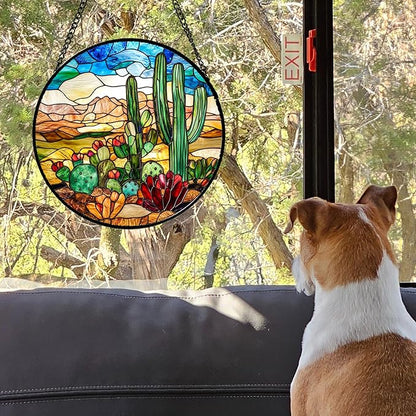 Stained Glass Window Hanging Desert Green Cactus Red Flowers 9.8" - Suncatcher Door Garden Sun Catcher Landscape Home Decor Birthday Christmas for Mom Men Woman Nana