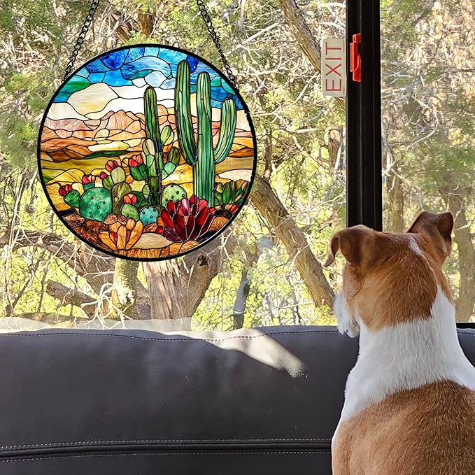 Stained Glass Window Hanging Desert Green Cactus Red Flowers 7.8" - Suncatcher Door Garden Sun Catcher Landscape Home Decor Birthday Christmas for Mom Men Woman Nana