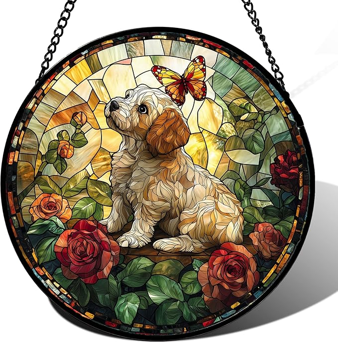 DASTOLL Stained Glass Window Hanging, Cute Dog and Flowers Suncatcher for Doors Home Butterfly Sun Catchers Decoration and Christmas, Mother's Day Birthday Gifts for Women, Men, and Mom 14.9x14.9 in
