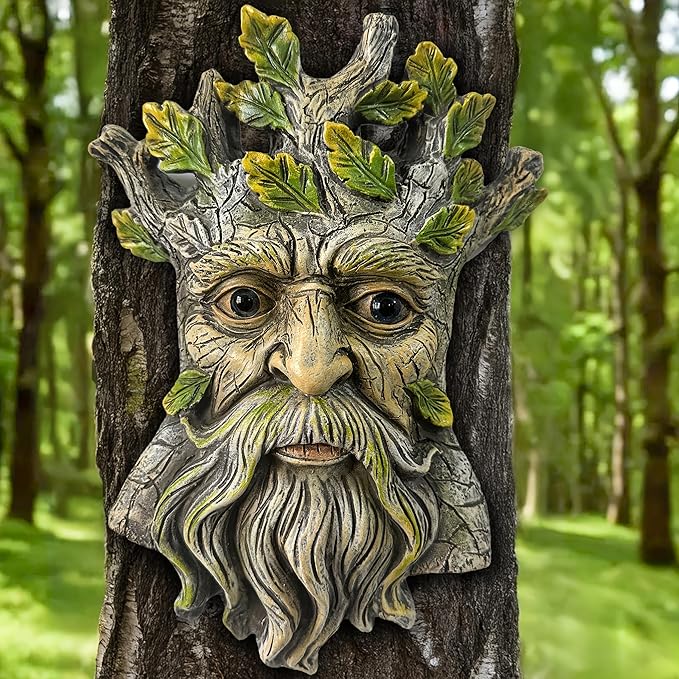 Teaeeno Whimsical Tree Face Garden Decoration, 9.8 in Tree Faces Decor Outdoor Wallmounted Statue Art with Leaf Features, Outdoor Decor Garden Accessory (Nature and Outdoors)