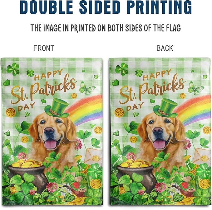 Golden Retriever St Patricks Day Garden Flag Dog St Patrick's Day Yard Flags for Outside 12x18 Double Sided Buffalo Plaid Shamrock Flag Small Outdoor Rainbow St Patrick's Decor