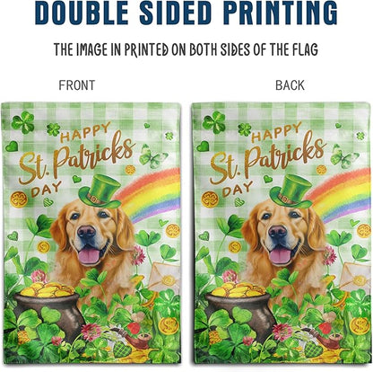Golden Retriever St Patricks Day Garden Flag Dog St Patrick's Day Yard Flags for Outside 12x18 Double Sided Buffalo Plaid Shamrock Flag Small Outdoor Rainbow St Patrick's Decor