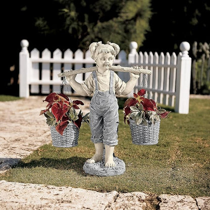 Design Toscano Flowers for Felicity Little Girl Garden Statue with Basket Planters, Medium, 25 Inches Tall, Cast Stone Resin, Two Tone Stone Finish
