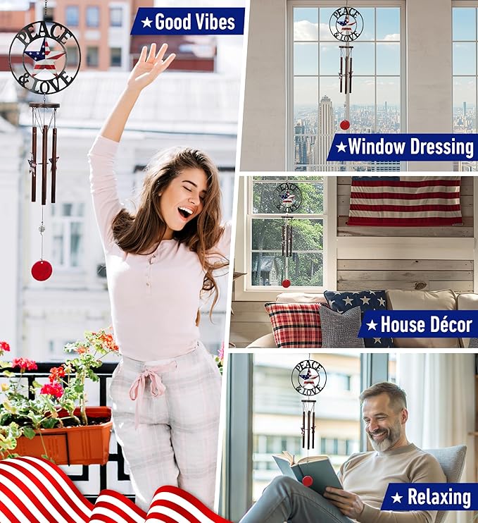 CoTa Global Peace and Love USA Flag Wind Chime - Handmade Metal Hanging Decor, Patriotic Garden Ornament with Copper-Tone Wind Chime Tubes, Indoor Outdoor Porch Patio Yard Decoration - 33 Inches