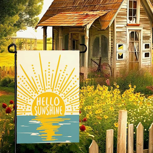 Hello Sunshine Summer Garden Flag Boho Sunset Over Sea Yard Flags Vertical Yard Decorations Outdoor Flag Farmhouse Porch Lawn Patio for Outside 12x18 Double Sided