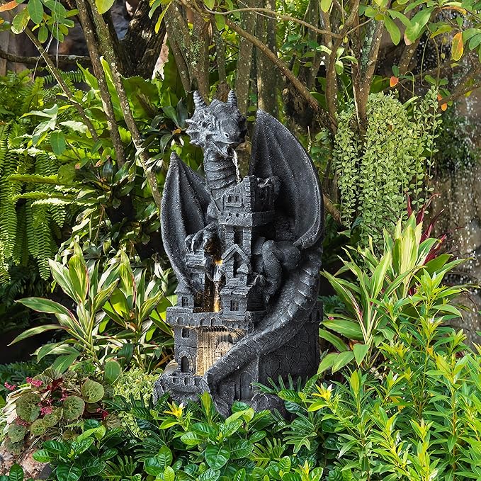 Glitzhome 37" H Mystical Gothic Dragon Perched ATOP The Castle Sculptural, Polyresin Garden Dragon Outoor Statues 4 Tier Waterfalls Floor Fountain with LED Dragon Figurine for Backyard Patio Decor