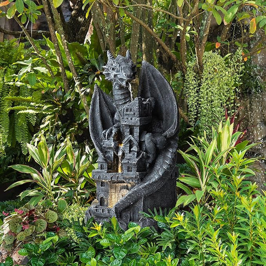 Glitzhome 37" H Mystical Gothic Dragon Perched ATOP The Castle Sculptural, Polyresin Garden Dragon Outoor Statues 4 Tier Waterfalls Floor Fountain with LED Dragon Figurine for Backyard Patio Decor
