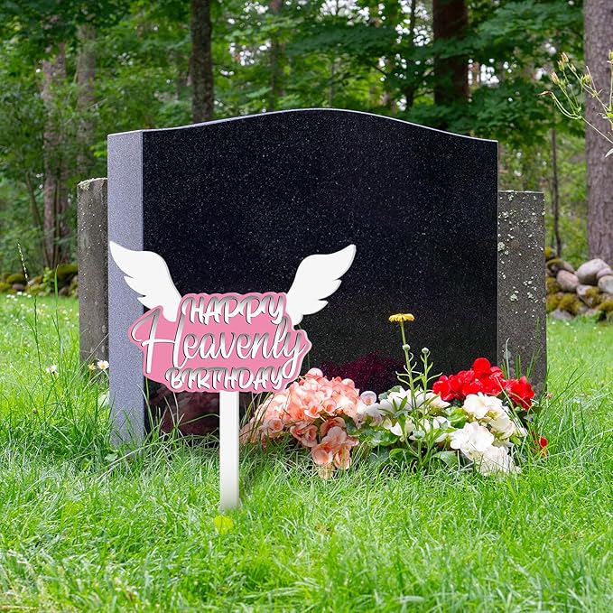 AceOrbit 13.8 X 7.9 Inches Large Happy Birthday in Heaven Decorations Cemetery Decorations for Grave Metal Memorial Remembrance Stake, Grave Markers for Human Cemetery Garden Yard Site Outdoor (Pink)