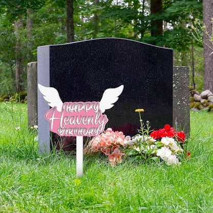 AceOrbit 13.8 X 7.9 Inches Large Happy Birthday in Heaven Decorations Cemetery Decorations for Grave Metal Memorial Remembrance Stake, Grave Markers for Human Cemetery Garden Yard Site Outdoor (Pink)