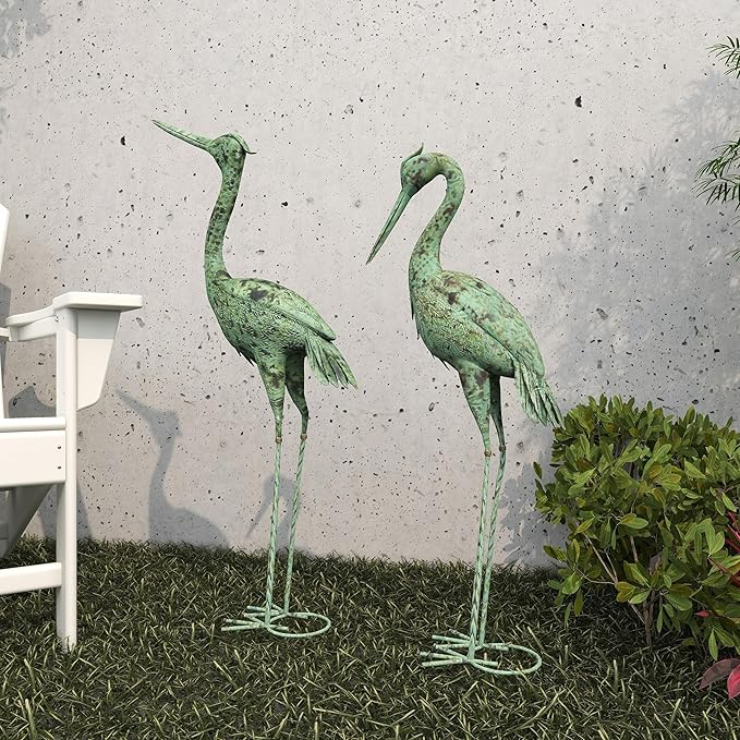 Deco 79 Metal Crane Decorative Garden Sculpture Indoor Outdoor Garden Statues with Coiled U Shaped Feet, Set of 2 Outdoor Sculptures 19"W, 47"H, Green